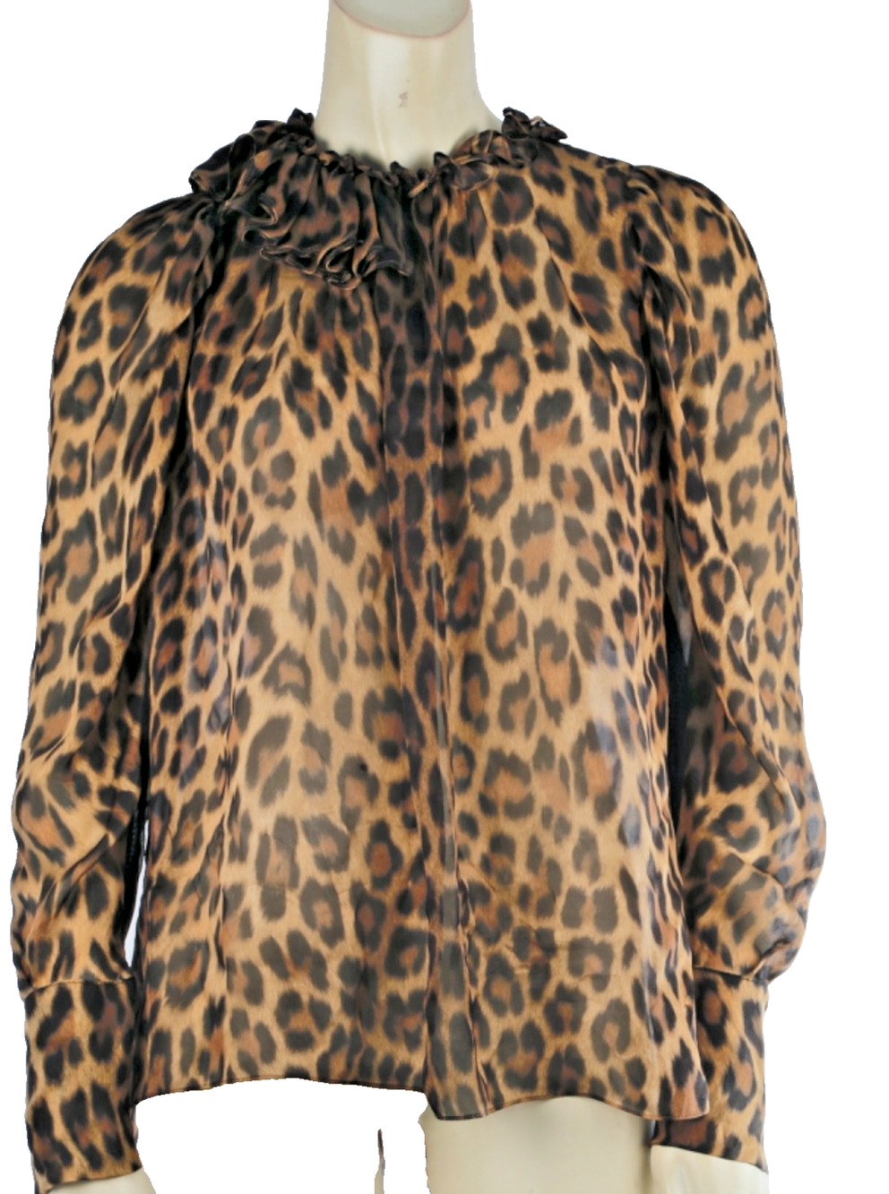Magda Butrym 100% Silk Leopard Print Ruffle Collar Sheer Blouse Top EU 36 US 4
